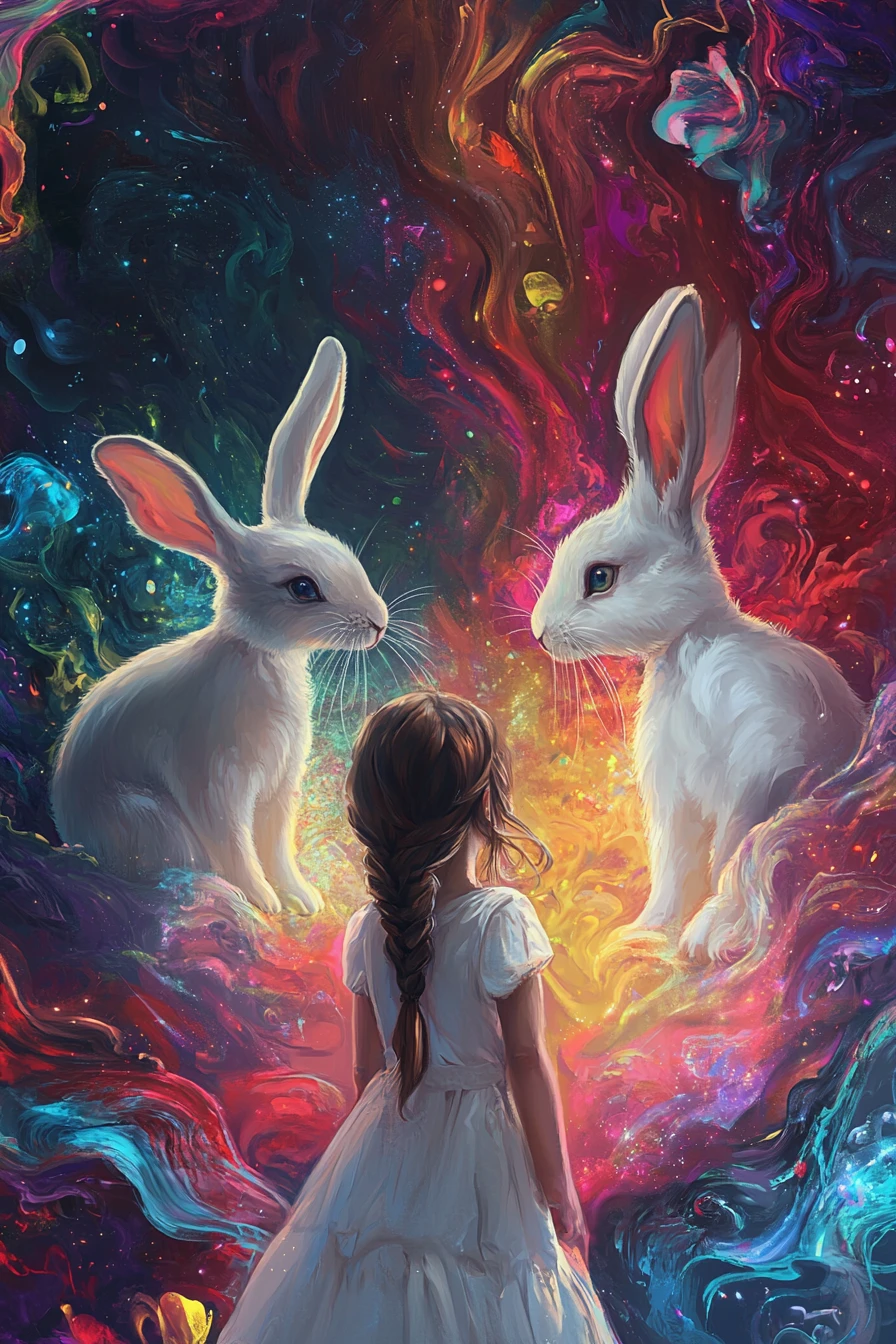 Giovane ragazza con conigli bianchi giganti in colori cosmici