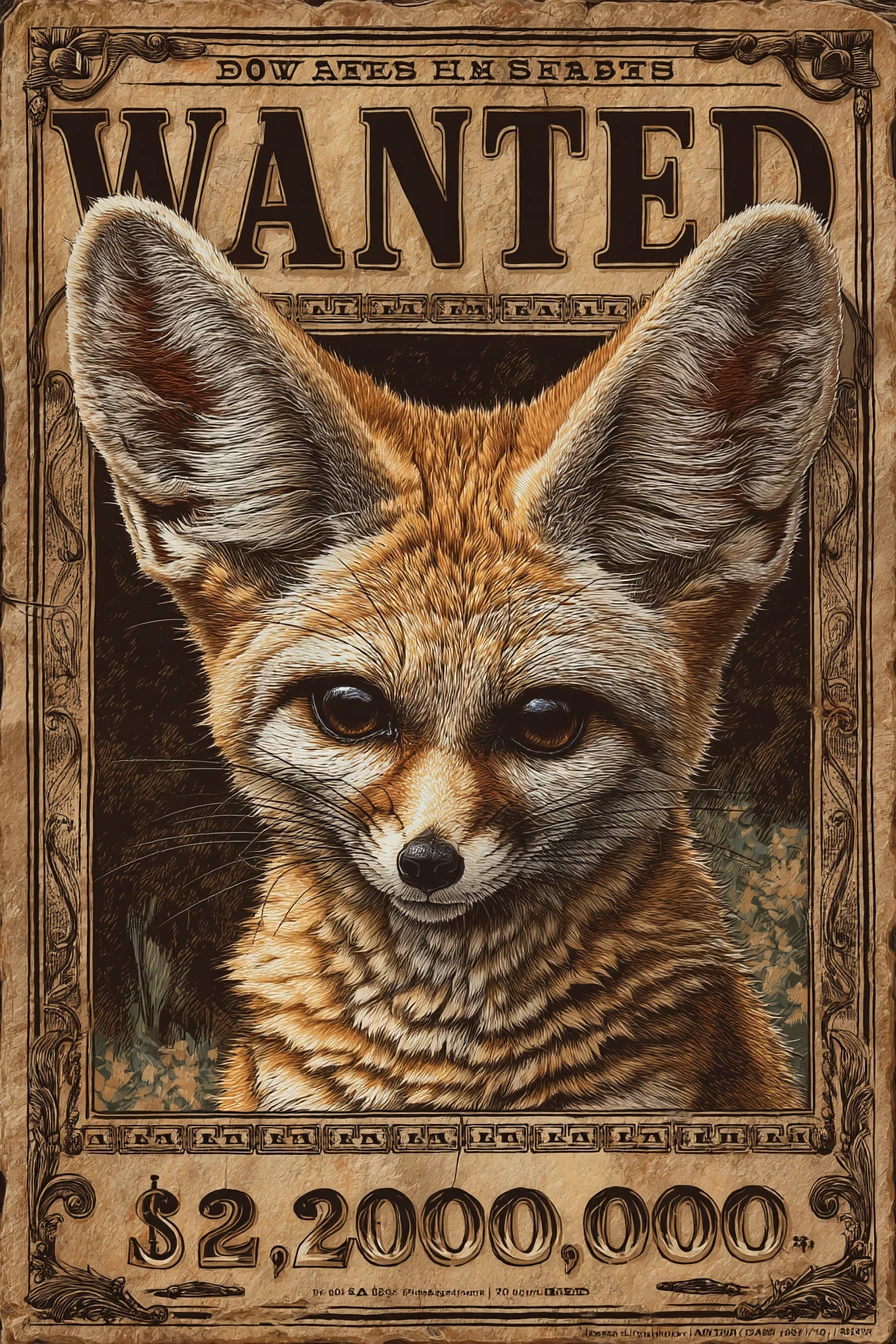 Manifesto ricercato vintage con ritratto di feneco fuorilegge mascherato