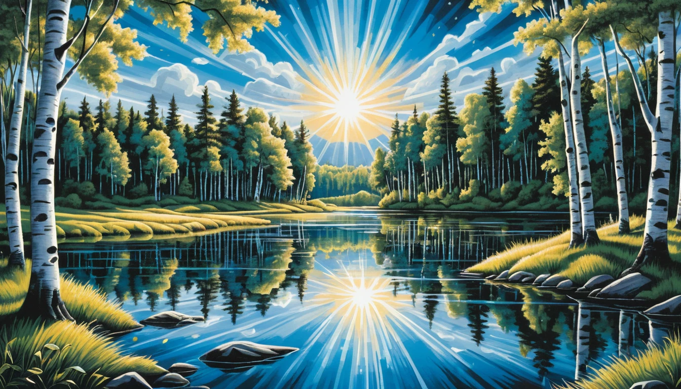 Foresta estiva di betulle con raggi di sole su un piccolo lago