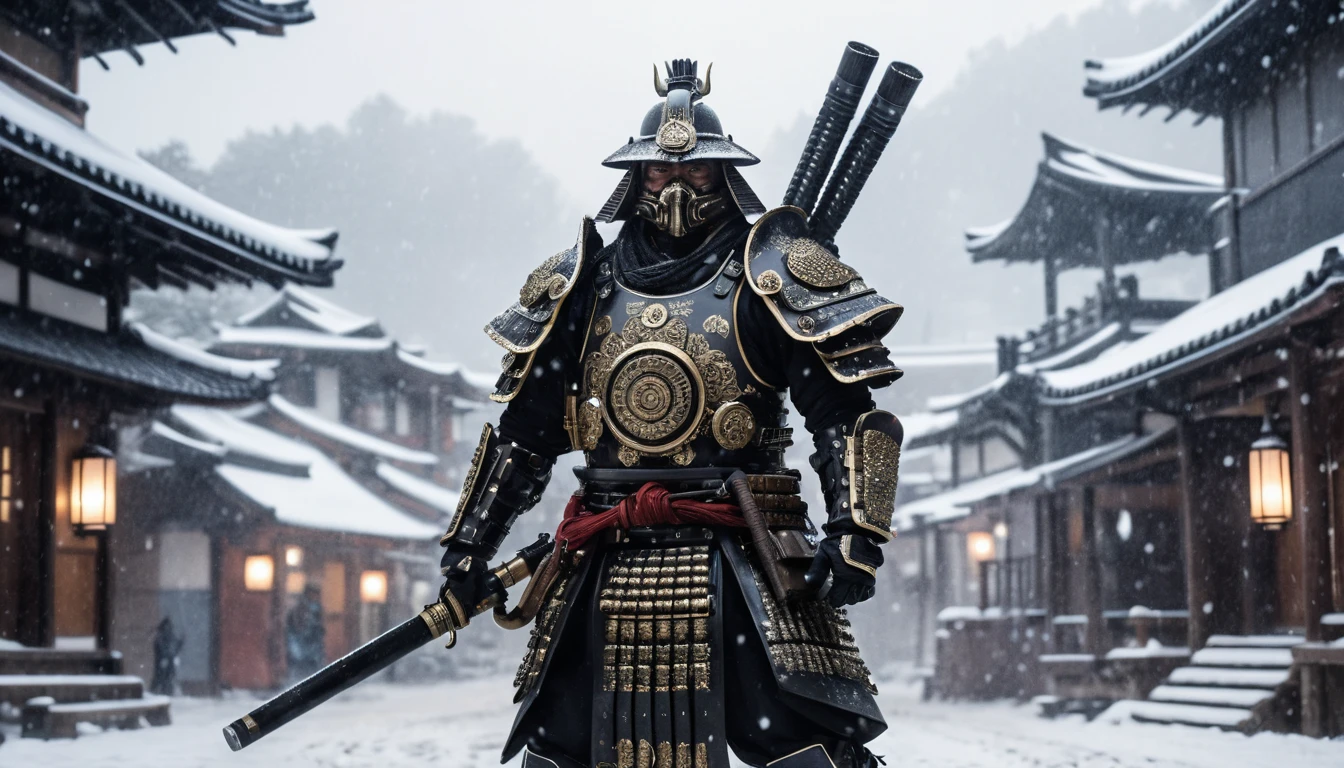 Samurai disparando uma minigun em nevasca em vila japonesa nevada