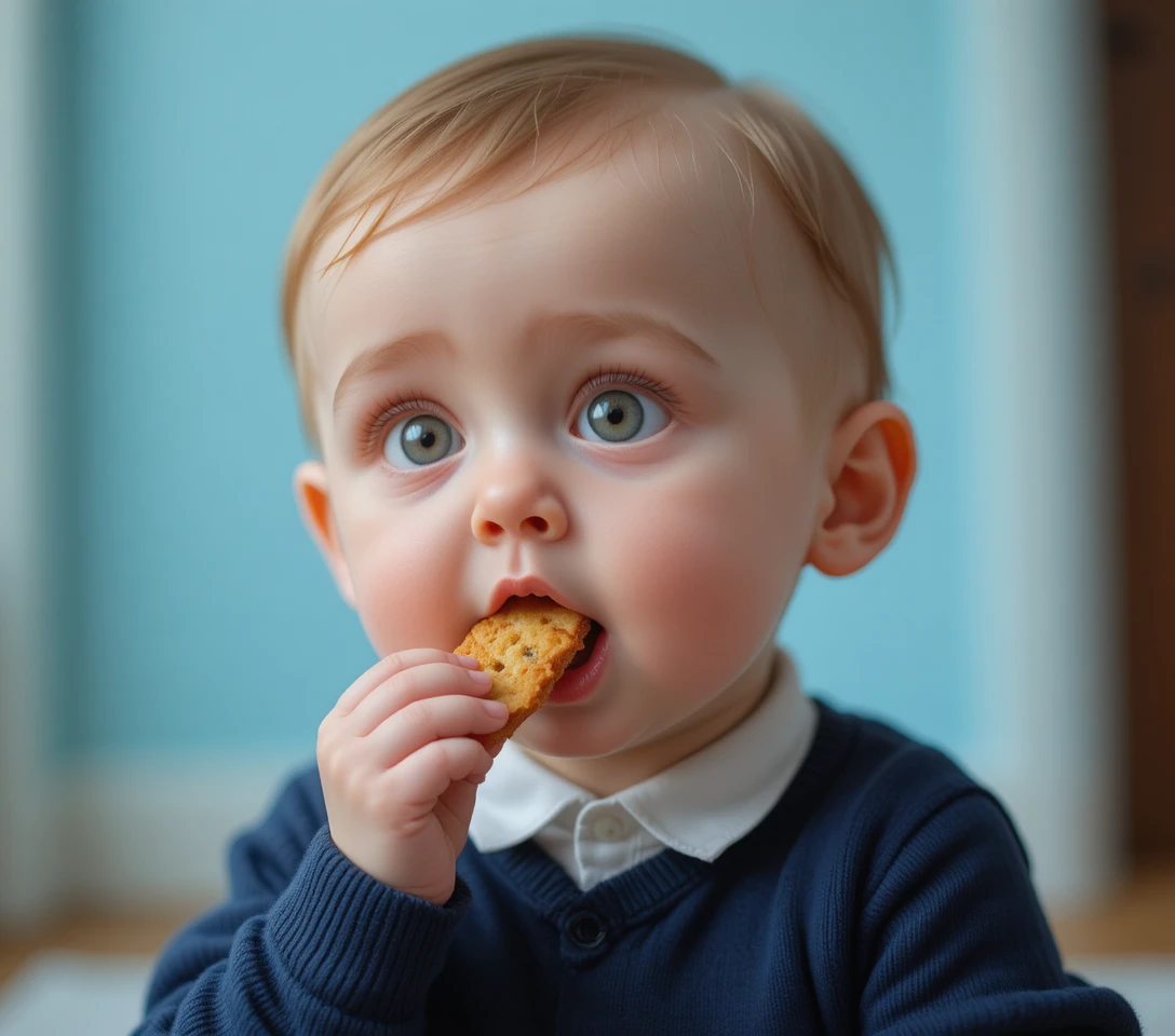 Bebê comendo biscoito em close sob luz natural suave