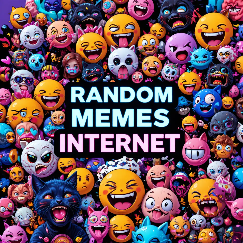 Chaotic neon collage of internet memes and emojis
