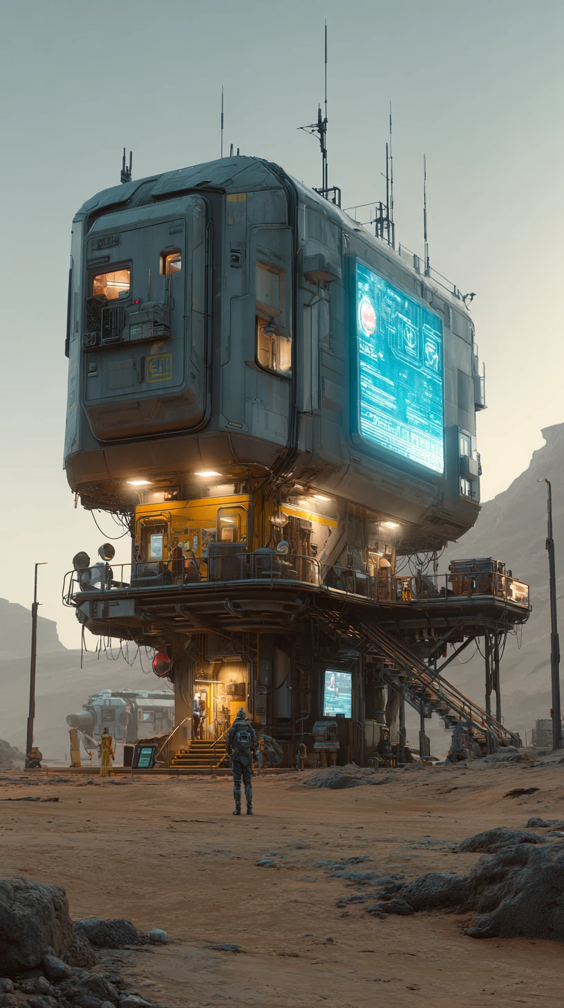 Architecture futuriste d’un avant-poste désertique dans un futur sombre