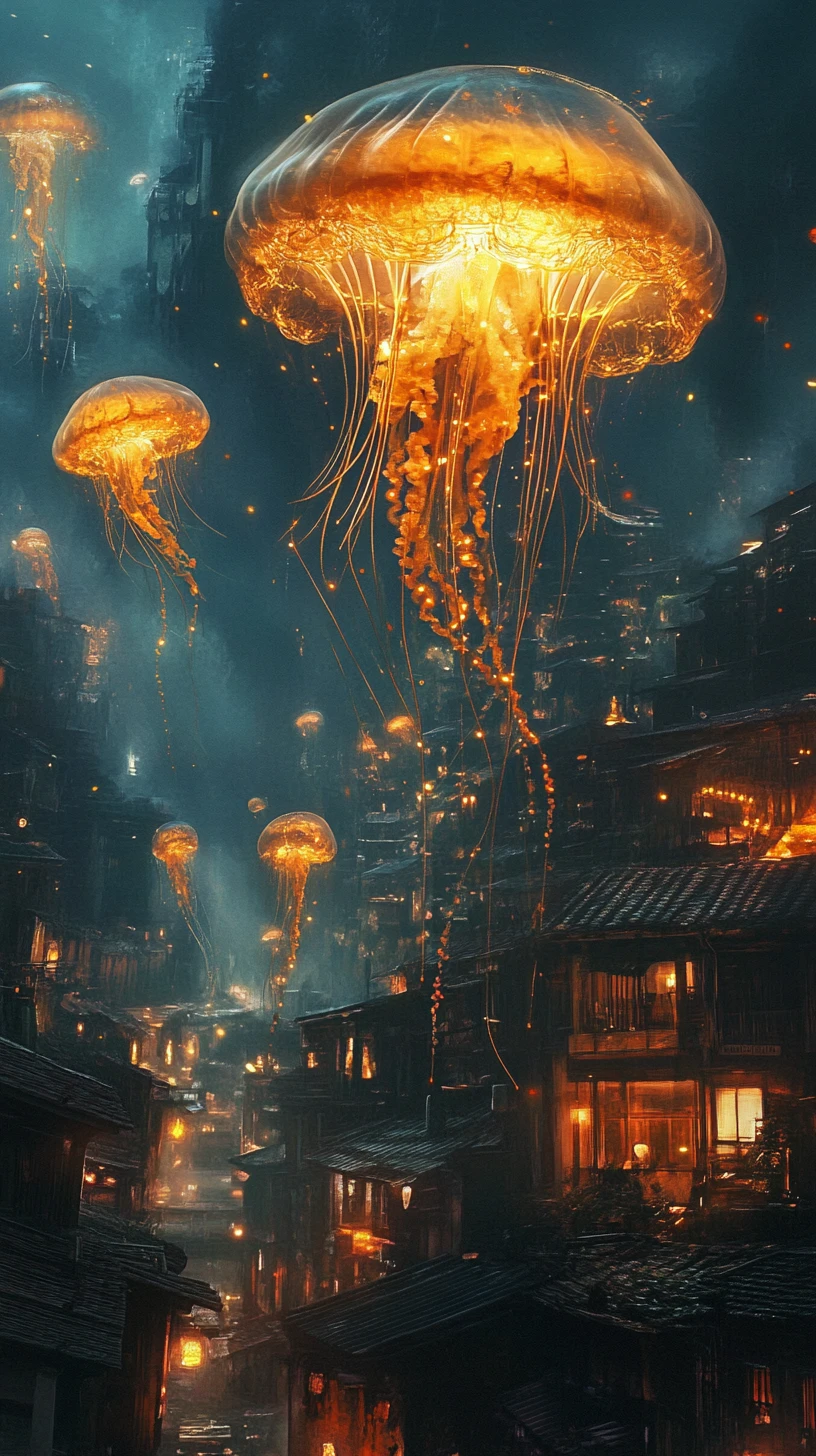 Giant glowing jellyfish floating above a quiet town