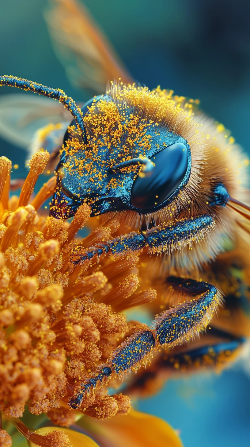 Macro bee in flight on bright yellow orange flower