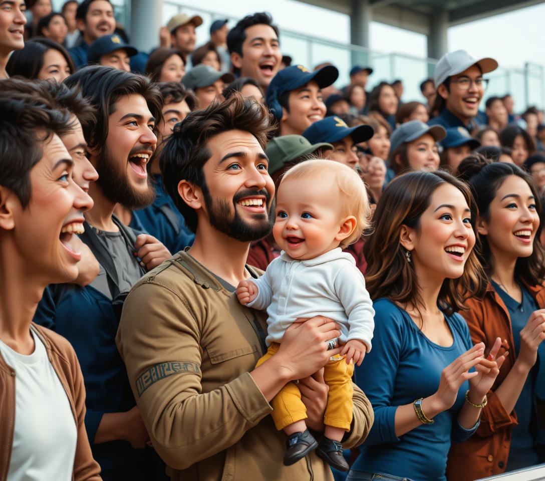 Multidão alegre assistindo a um evento com homem segurando um bebê