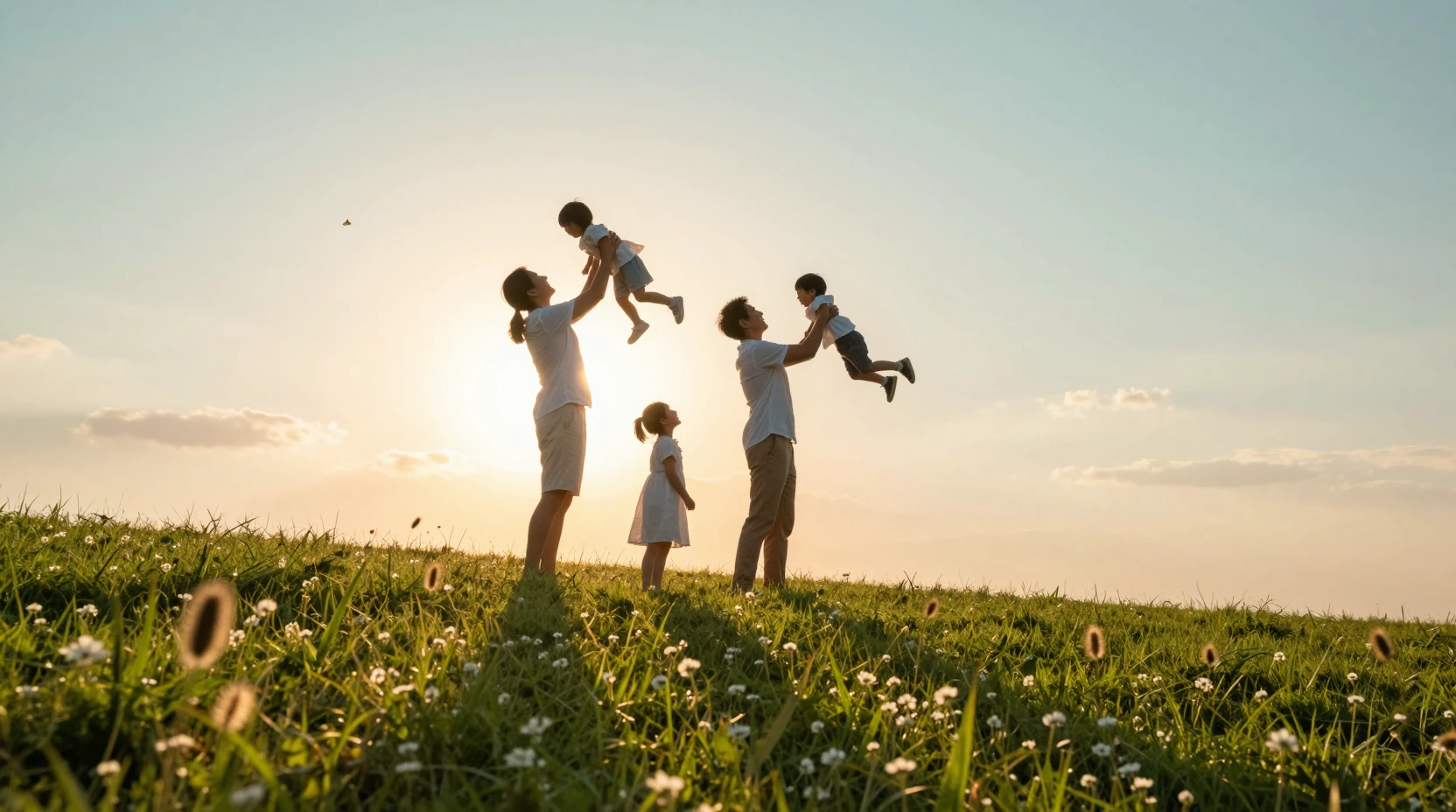 Joyful family silhouettes playing on a sunny grassy hill