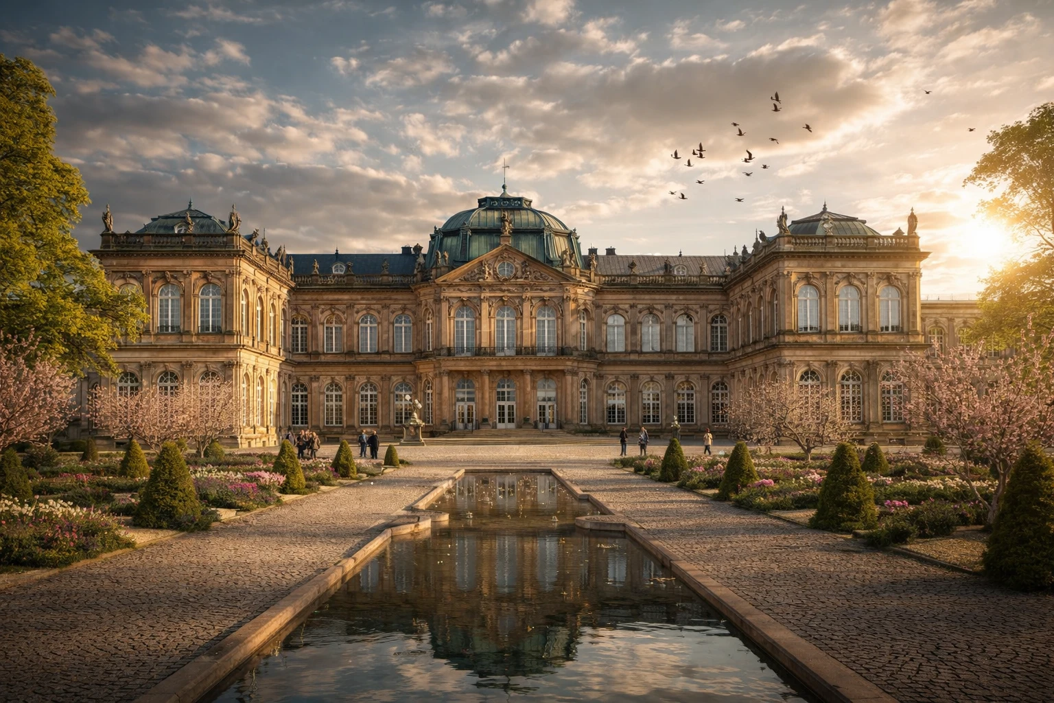Karlsruhe Palace facade with gardens and reflecting pool at sunset