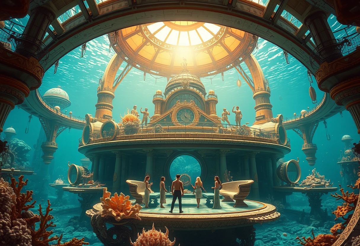 Fantastical underwater city with a glowing central dome