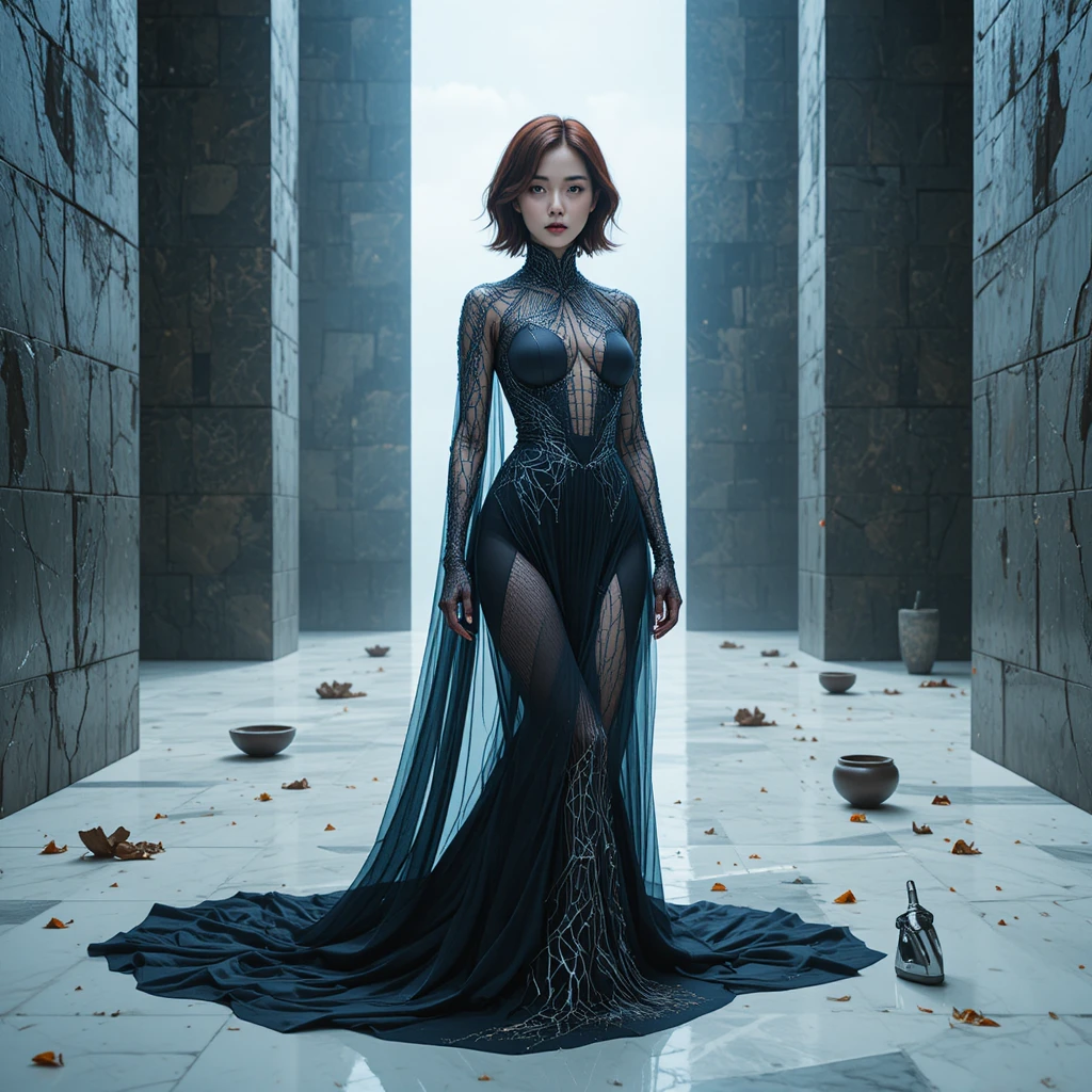 Focused Korean woman in iridescent cybernetic couture interior