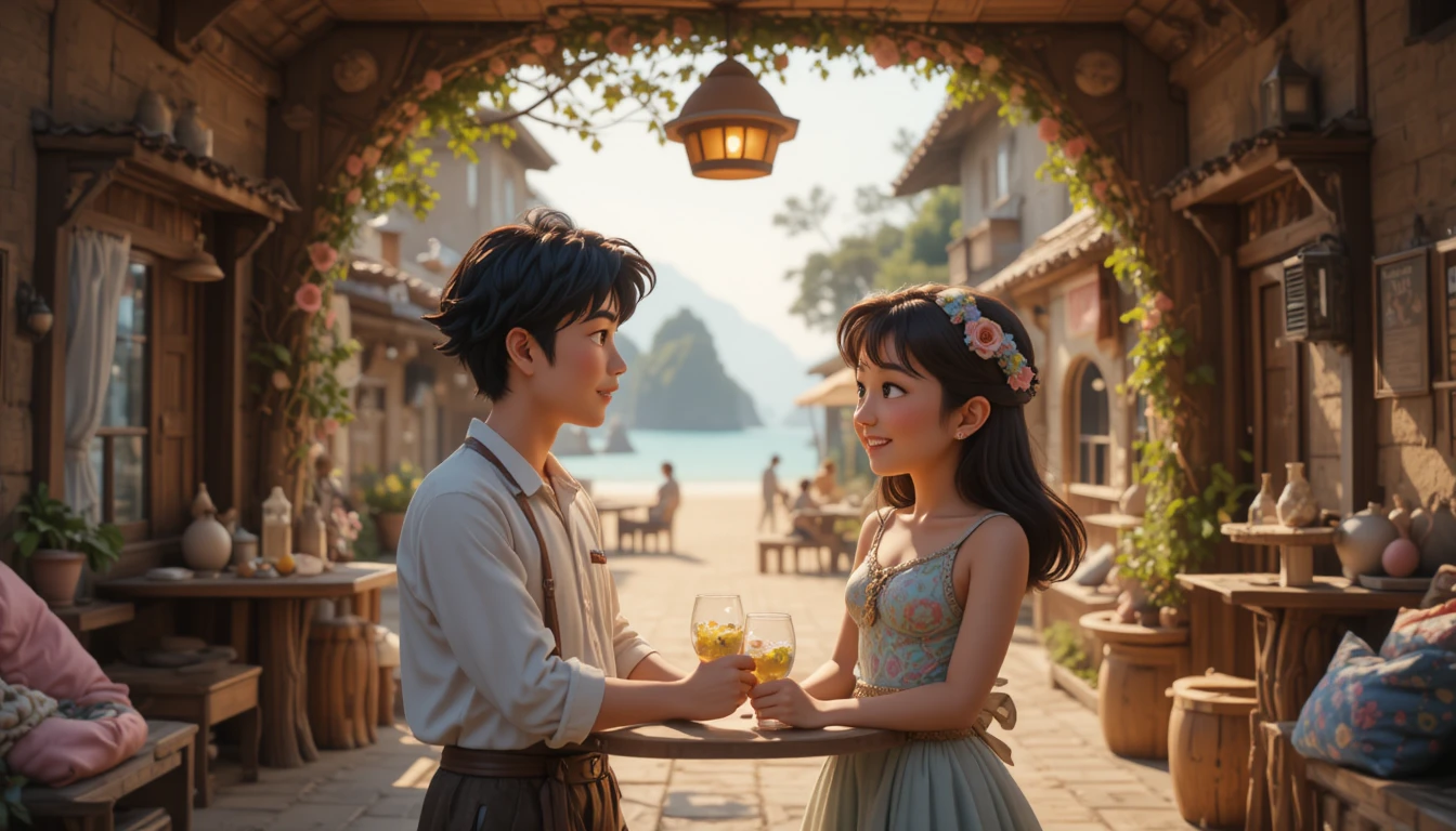 만화 스타일 커플의 아늑한 해변 데이트
