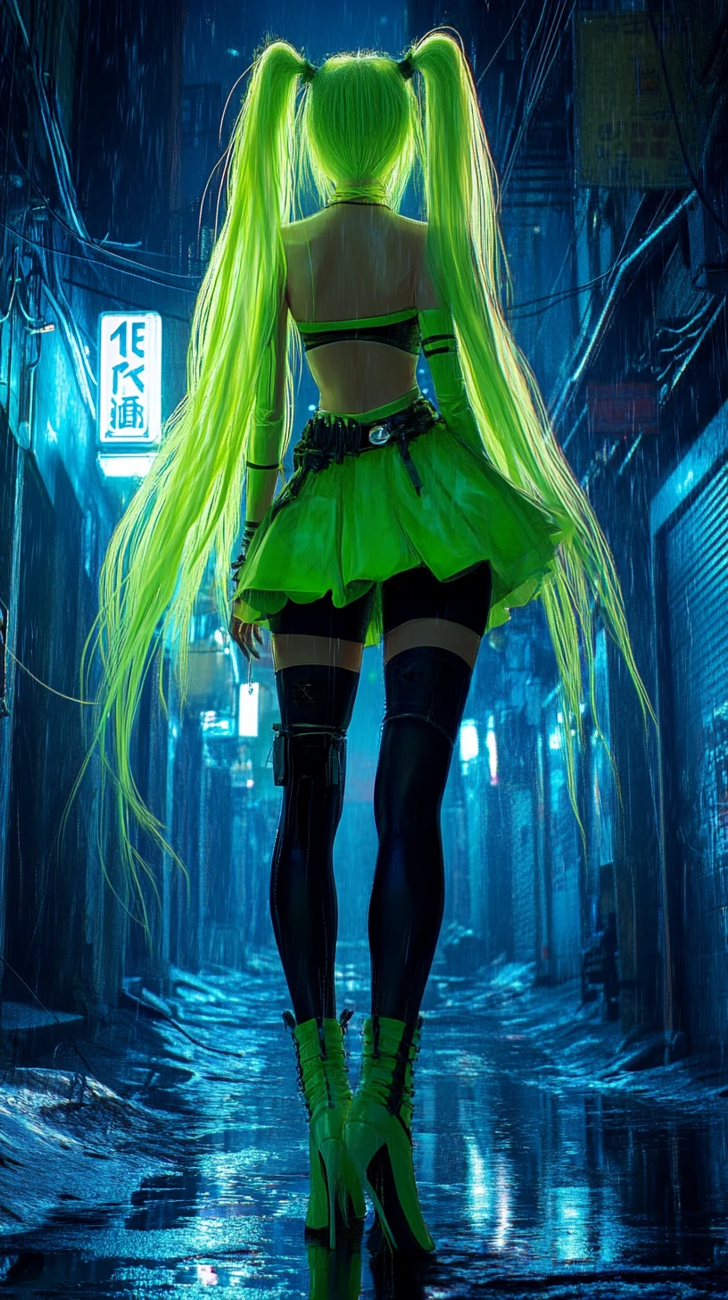 Cyberpunk anime girl in neon alley at night