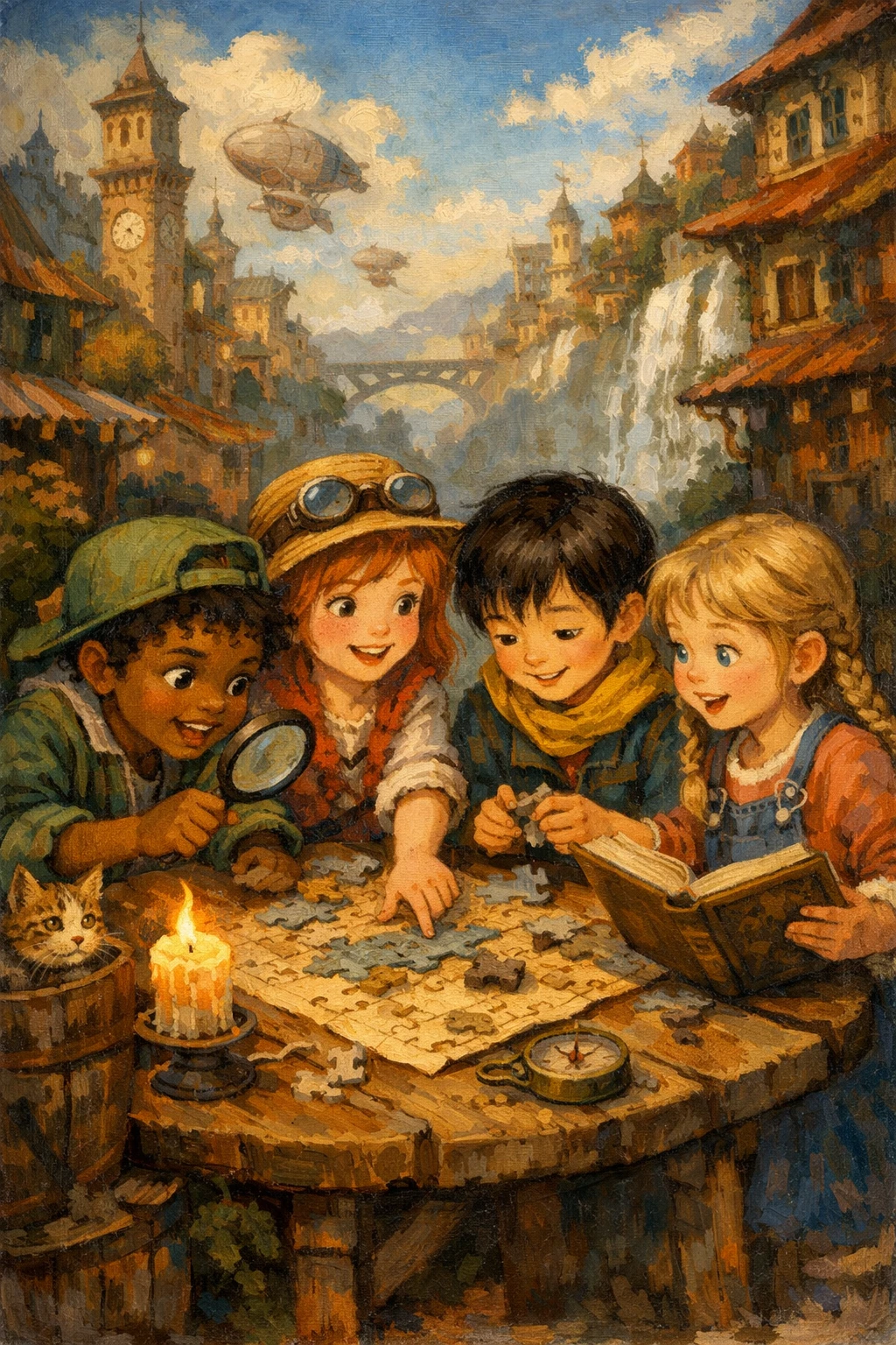 Groupe d’enfants résolvant un puzzle dans une scène urbaine animée