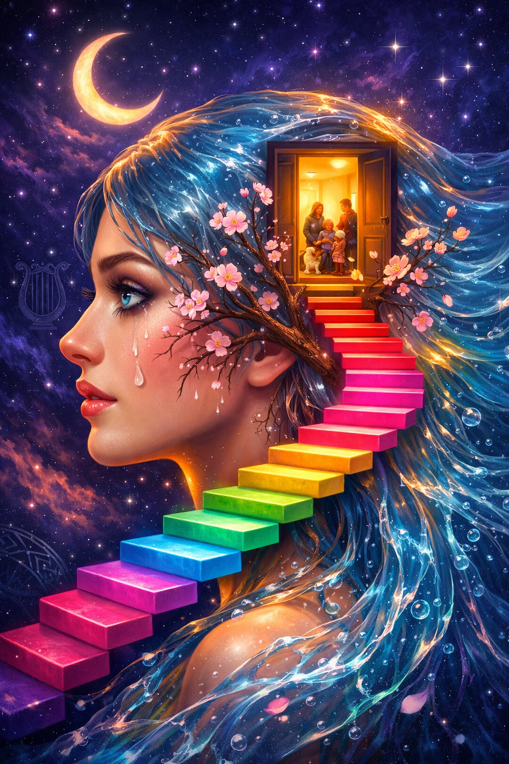 Surrealistisches Profil einer Frau mit fließendem Wasserhaar