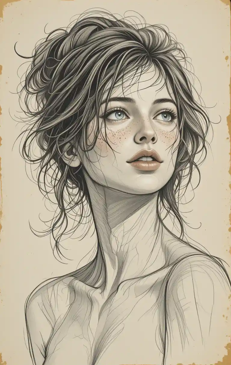 Graphite portrait of a freckled girl looking thoughtfully upward