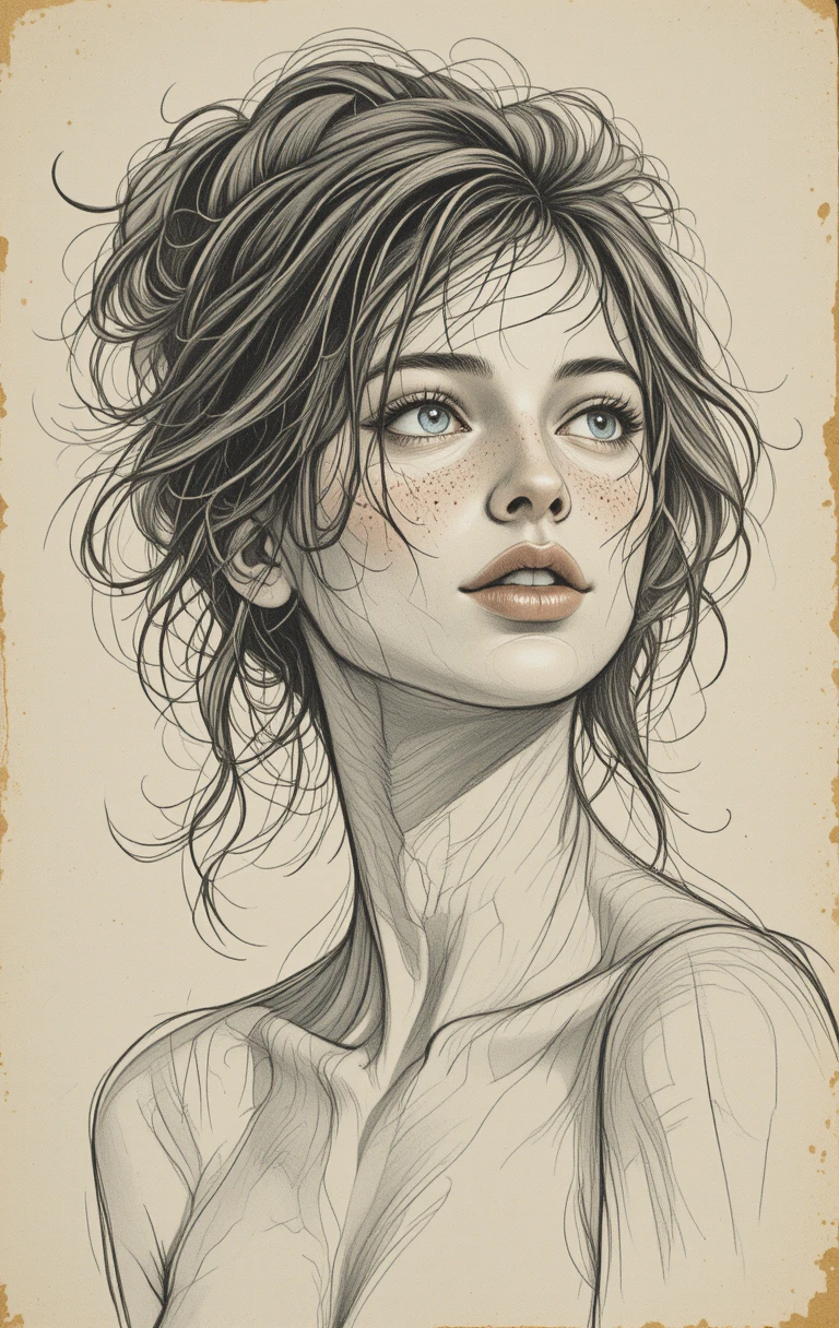 Graphite portrait of a freckled girl looking thoughtfully upward