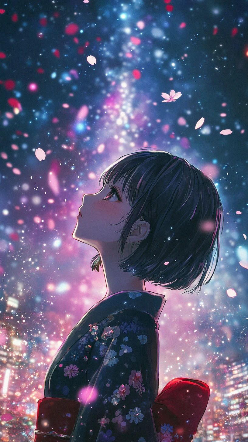 Anime girl in kimono gazing up at a glowing cosmic sky