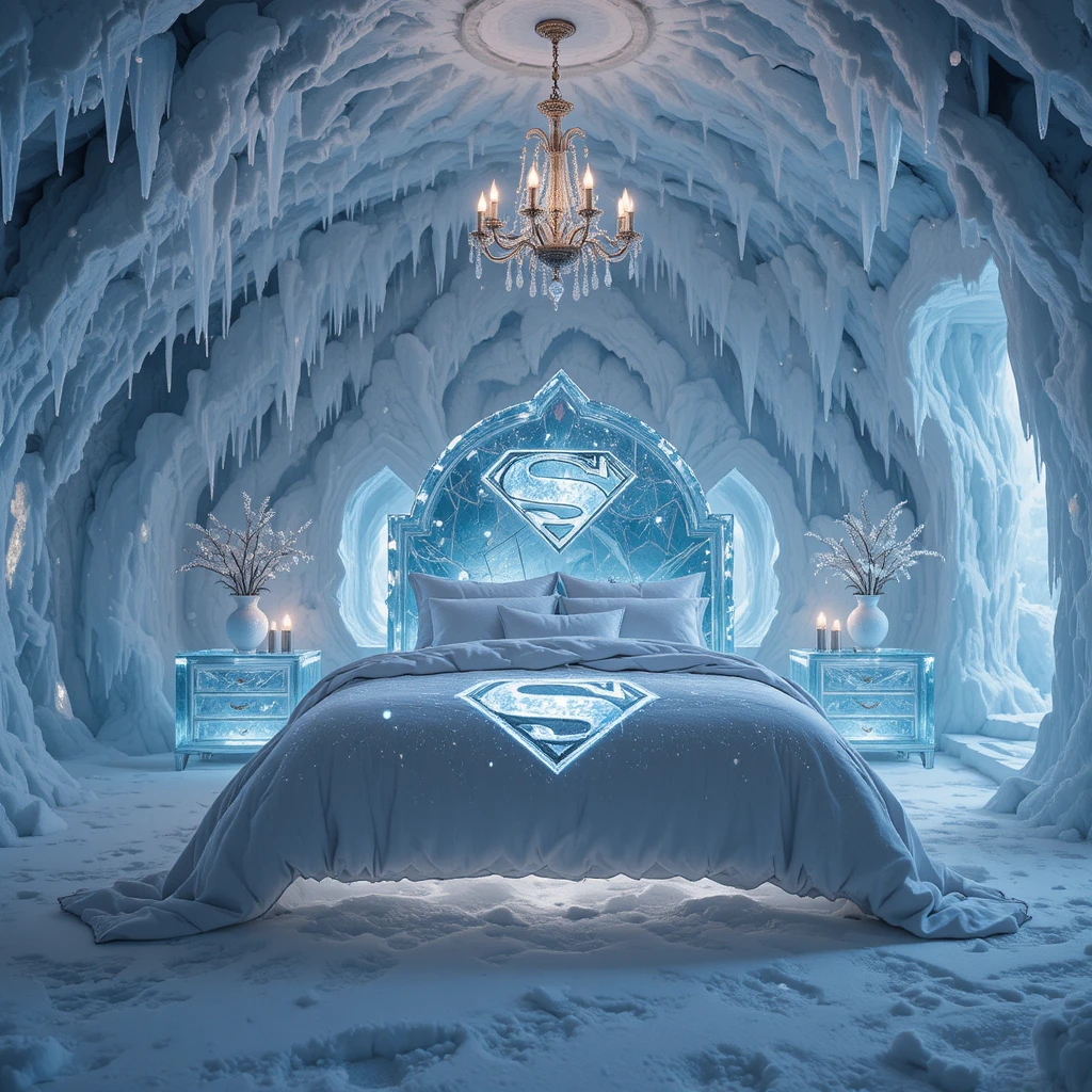 Camera da Letto in Grotta di Ghiaccio Incantata con Letto di Cristallo e Sfere Luminose