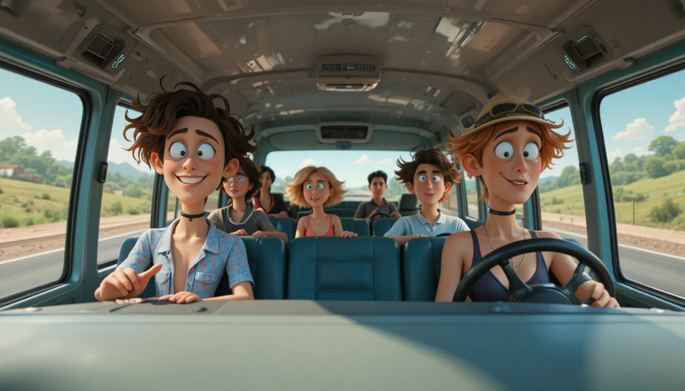 Escena juguetona de autobús de vacaciones al estilo Pixar en autopista soleada