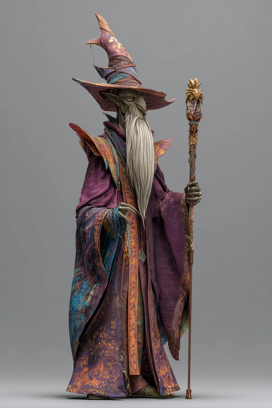 Mago 3D sinistro com cajado em fundo cinza