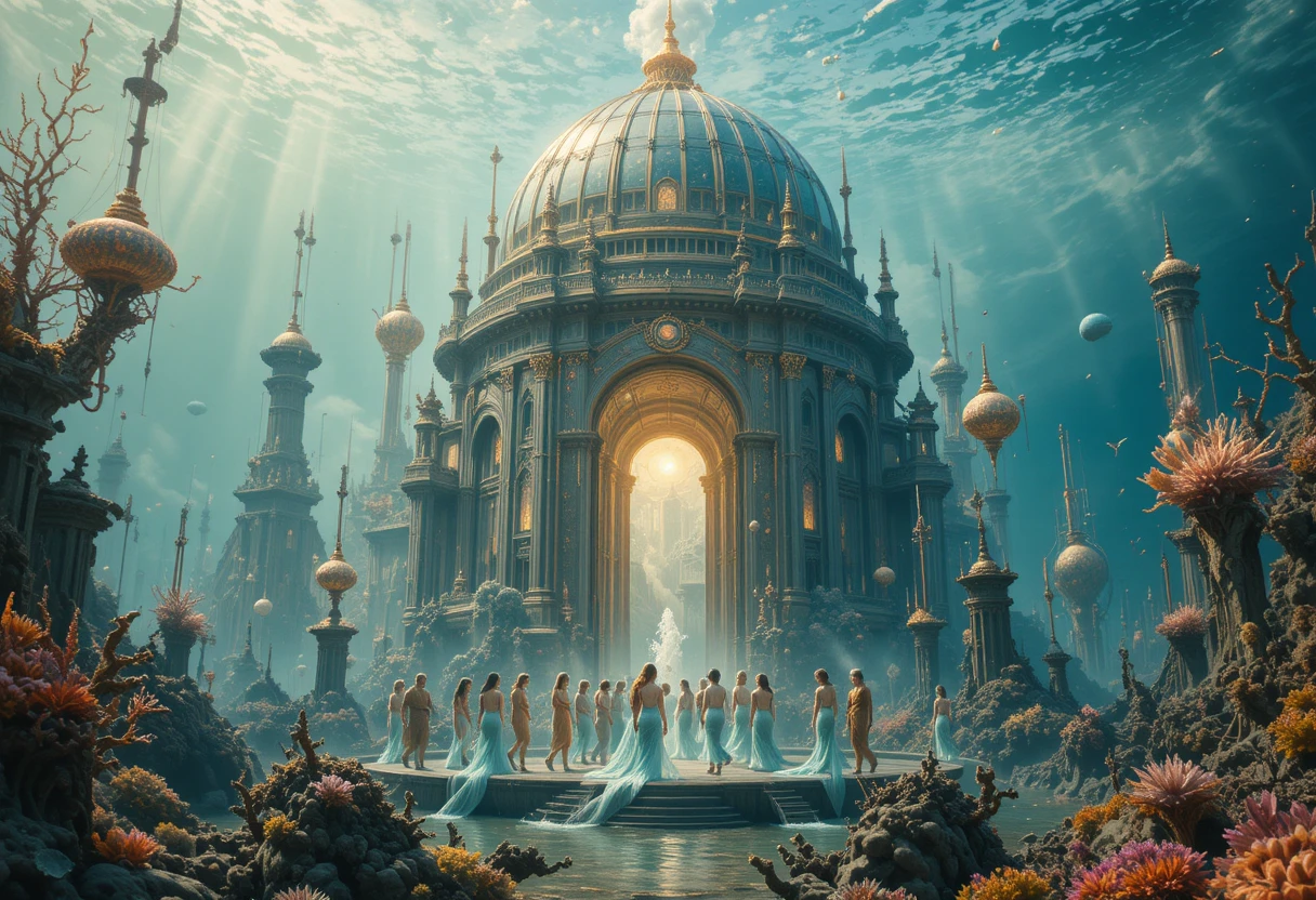 Cidade subaquática fantástica onde sereias e humanos se reúnem