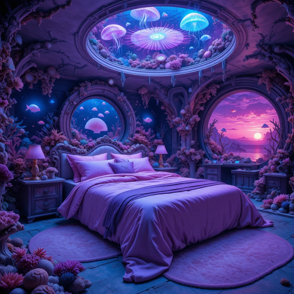 Camera da Letto Sottomarina Futuristica con Atmosfera di Meduse Luminose