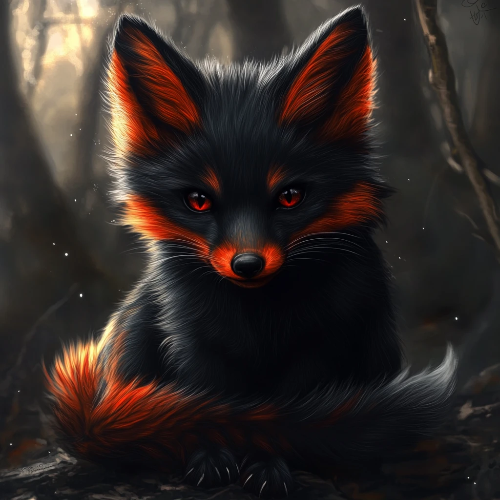 Ilustração digital fofa de raposa preta e vermelha em estilo gótico sombrio