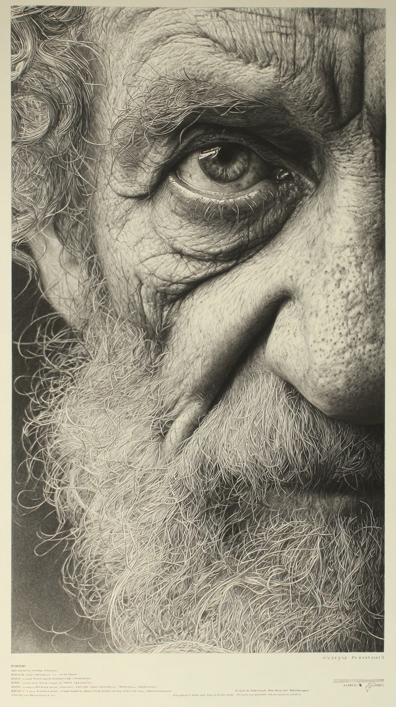 Retrato em grafite de idoso em dramático chiaroscuro em close-up