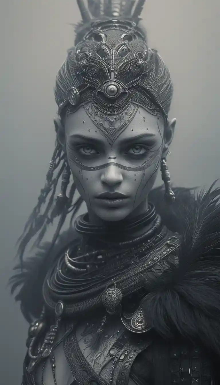 Portrait de femme tribale futuriste à la peau sombre d’obsidienne