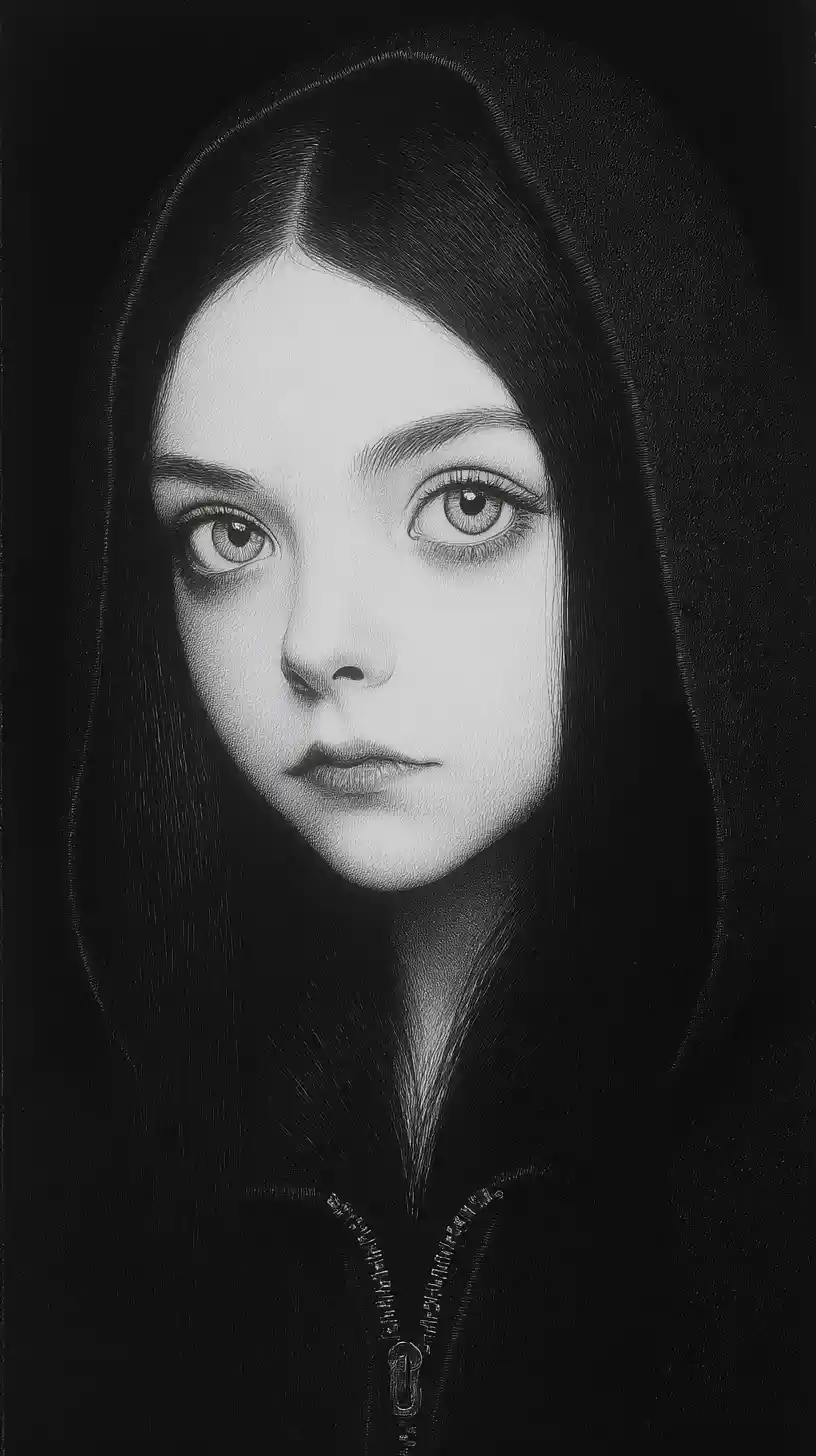 Monochrome graphite portrait of a mysterious young girl