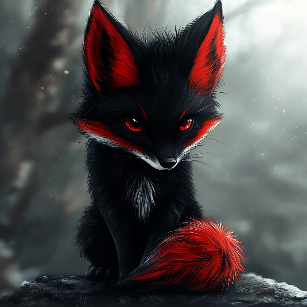 Niedliche dunkel-gotische schwarz-rote Fuchs-Digitalillustration