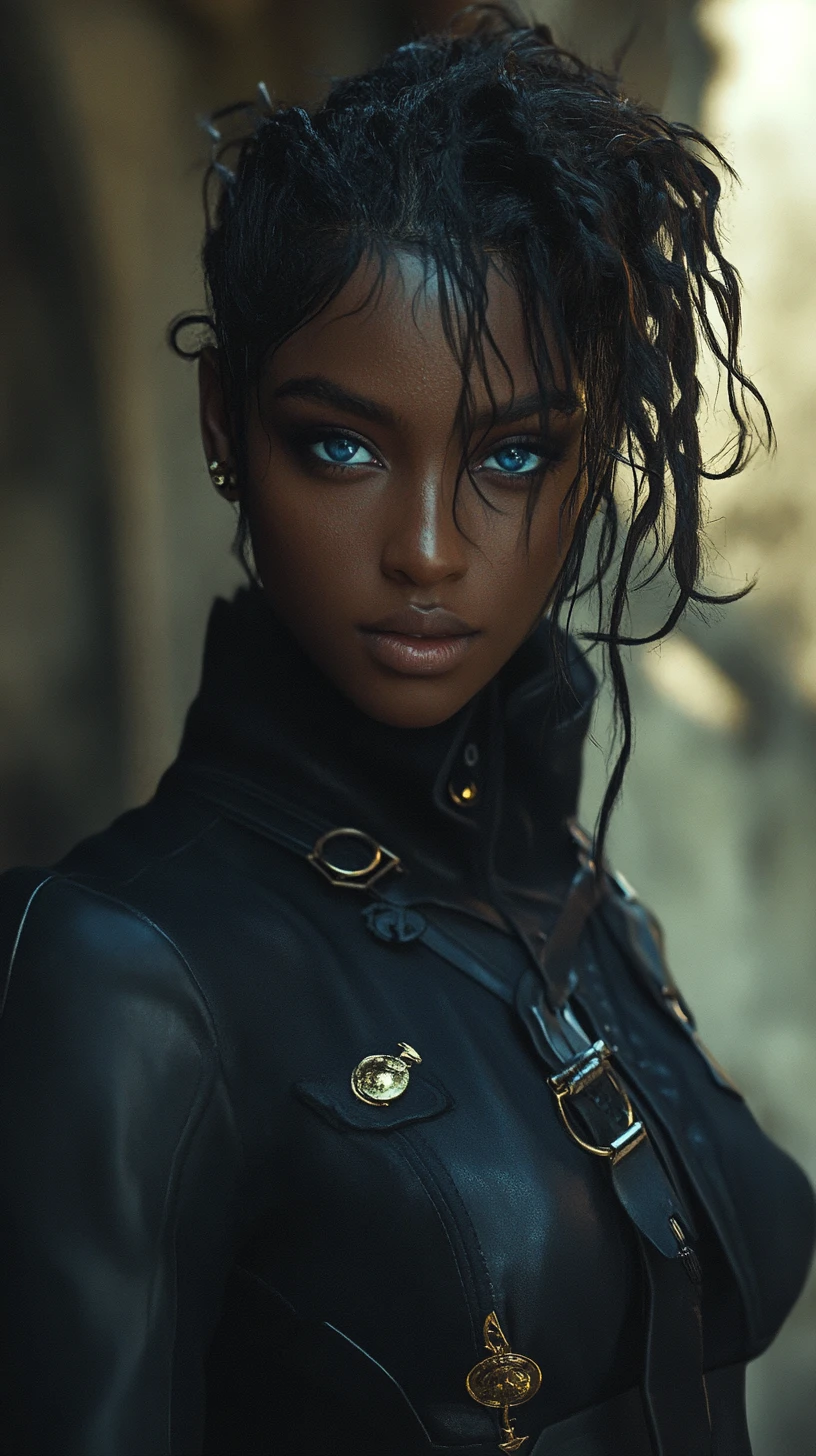 Anime heroine with braids in a dark steampunk city