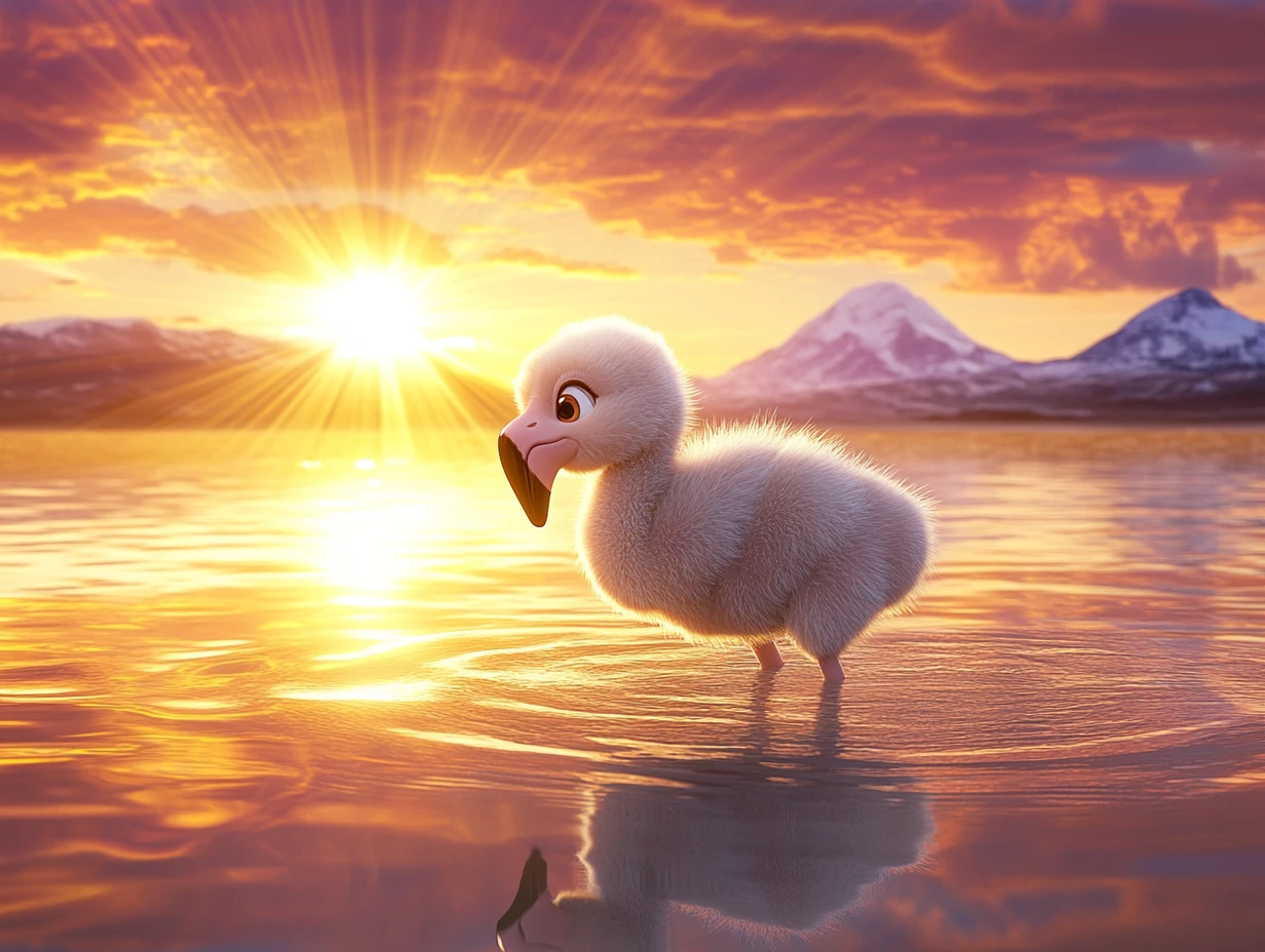 Filhote de flamingo ao pôr do sol brilhante em lago andino
