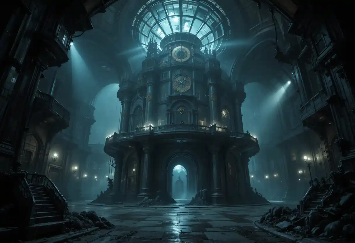 Surreal steampunk underwater city with domed architecture