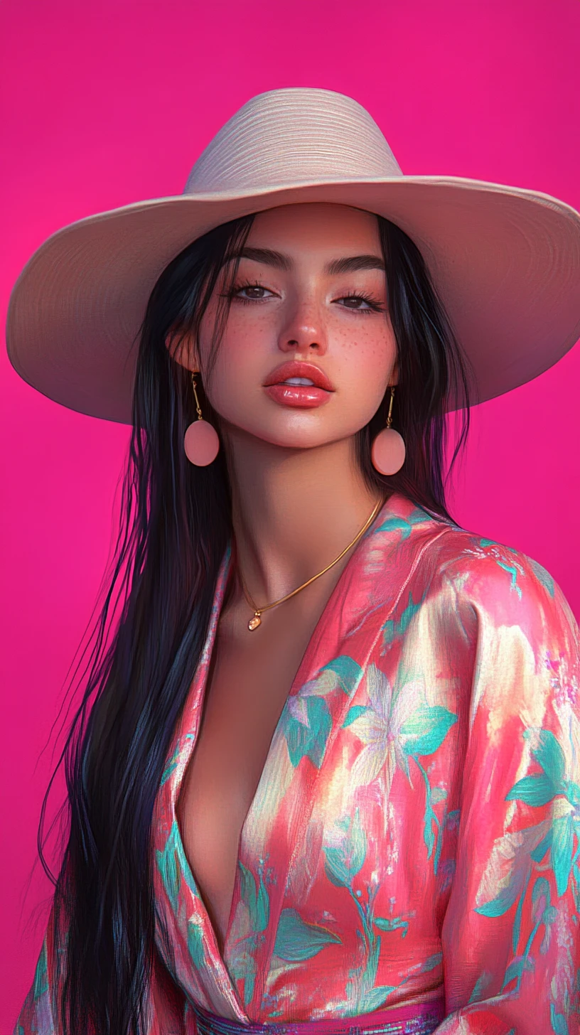Young woman in pink kimono robe against rose background
