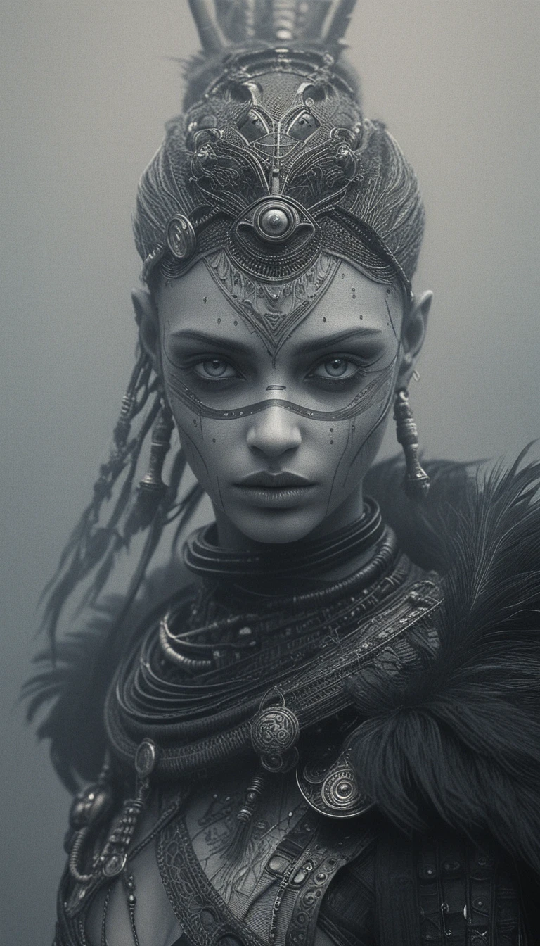 Portrait de femme tribale futuriste à la peau sombre d’obsidienne