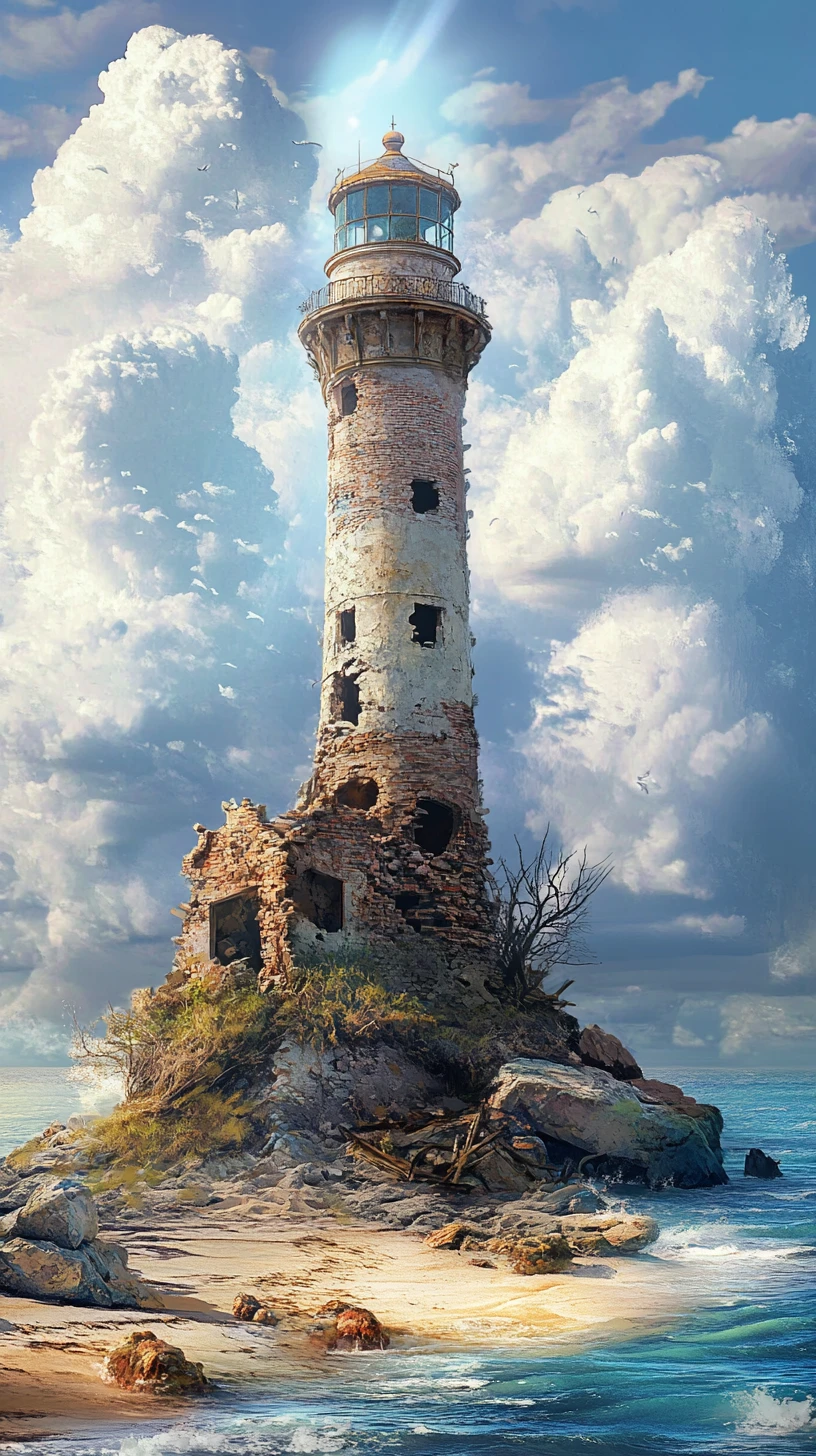 Surreal ruined lighthouse on a rocky island in sunlight
