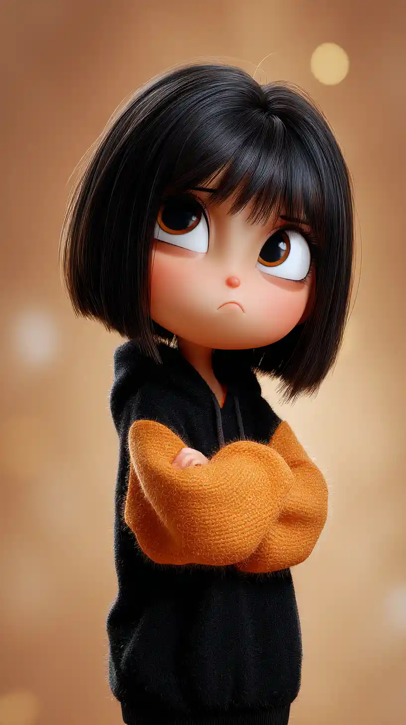 Chibi girl with black bob and hoodie in 3D portrait