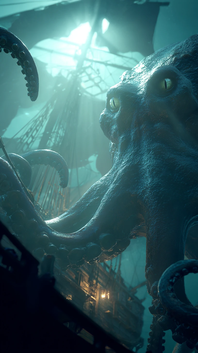 Kraken colossal emergindo do abismo em torno de um navio pirata naufragado