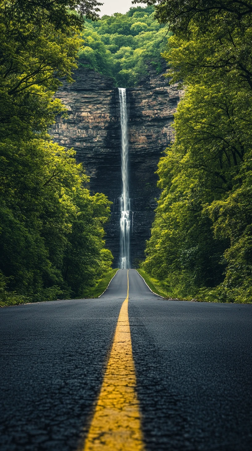 Strada serena nel bosco che conduce a una cascata maestosa