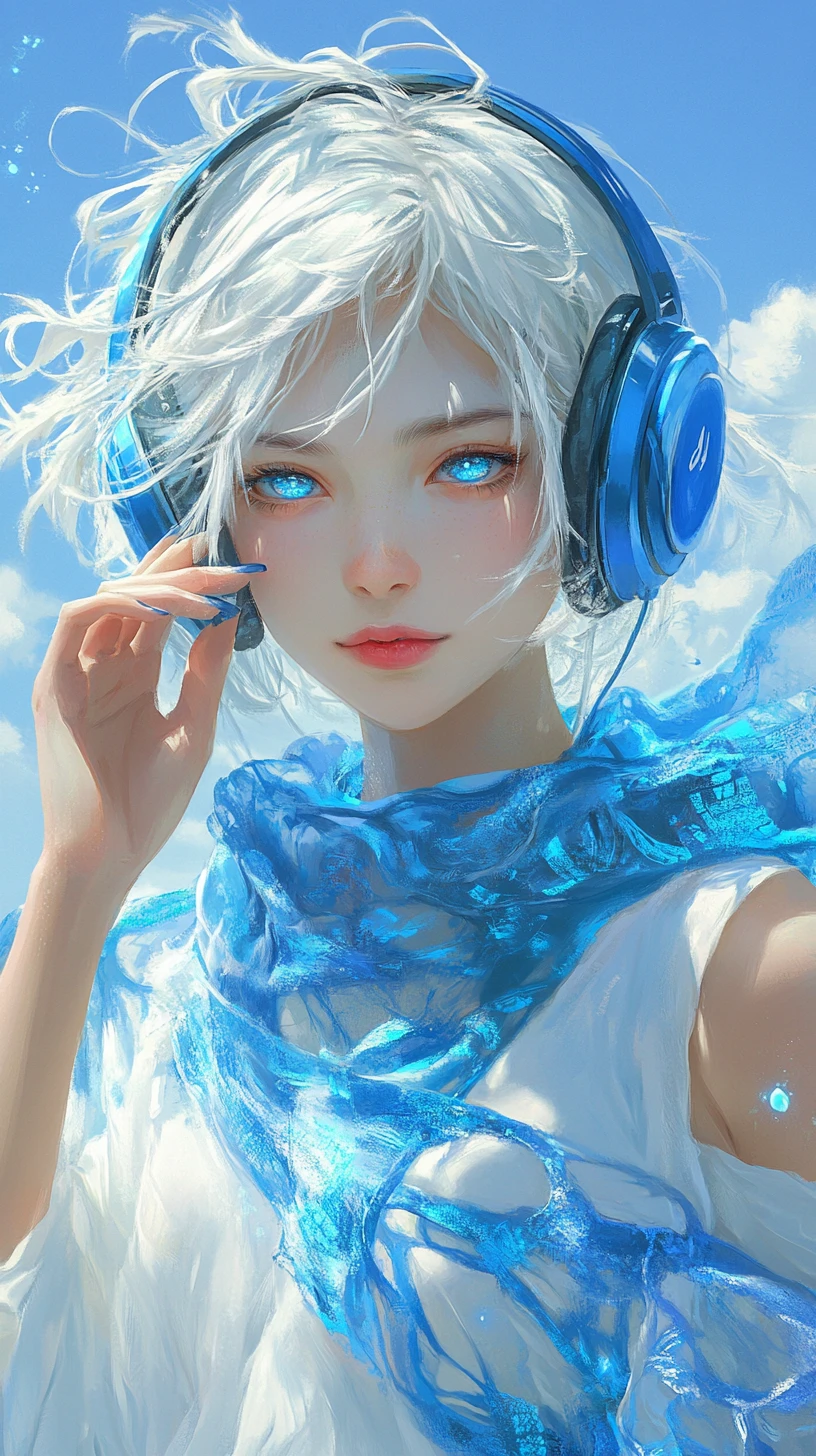 Blue haired anime girl with headphones under bright sky