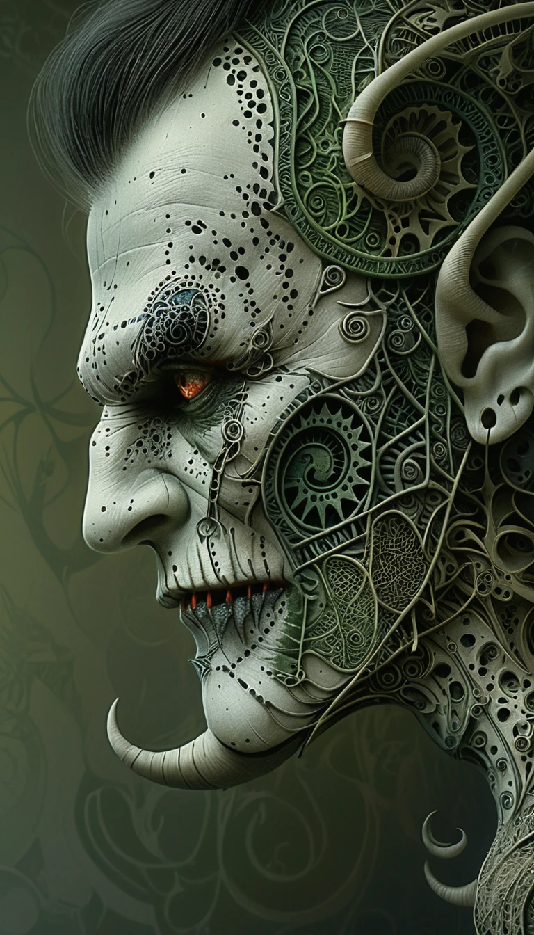 Retrato surreal de humanóide biomecânico em dramático chiaroscuro