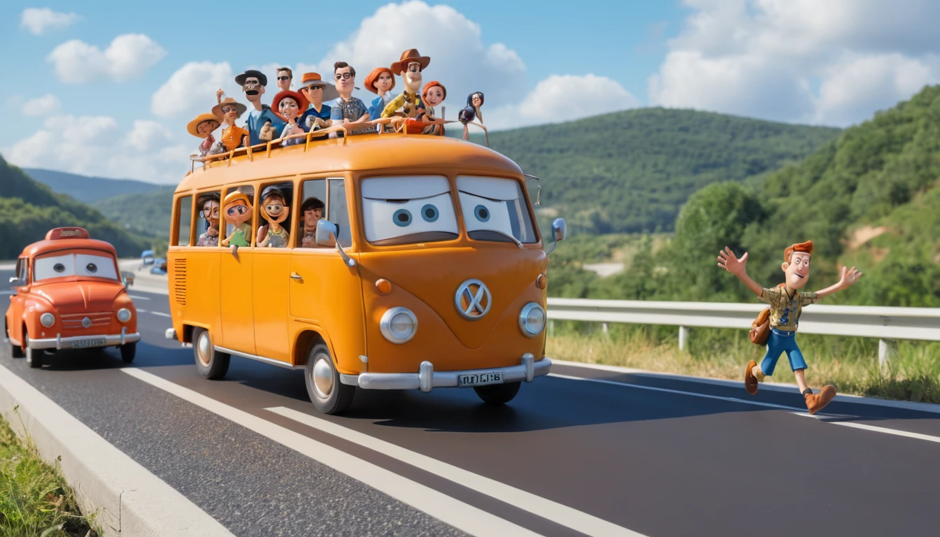 Divertidos personajes de arcilla viajando en autobús por una autopista veraniega