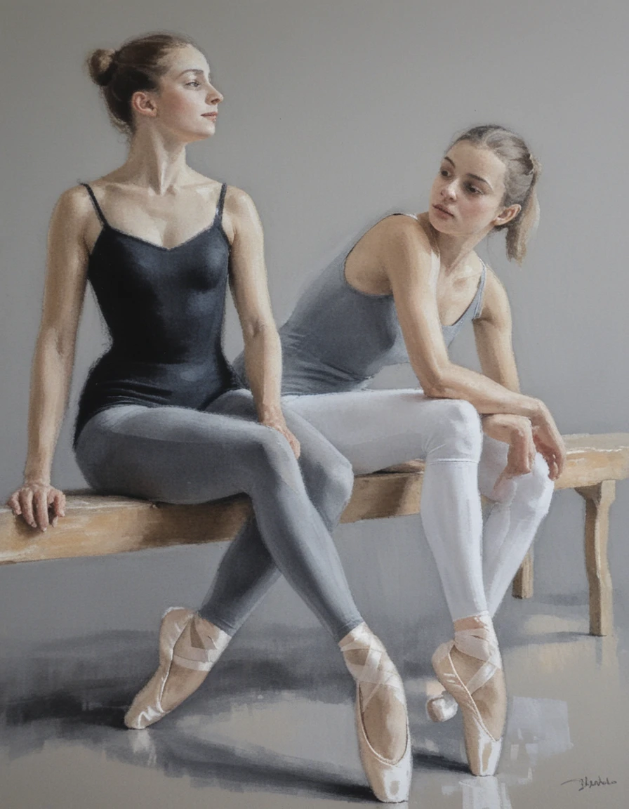 Two young ballerinas resting on a wooden bench