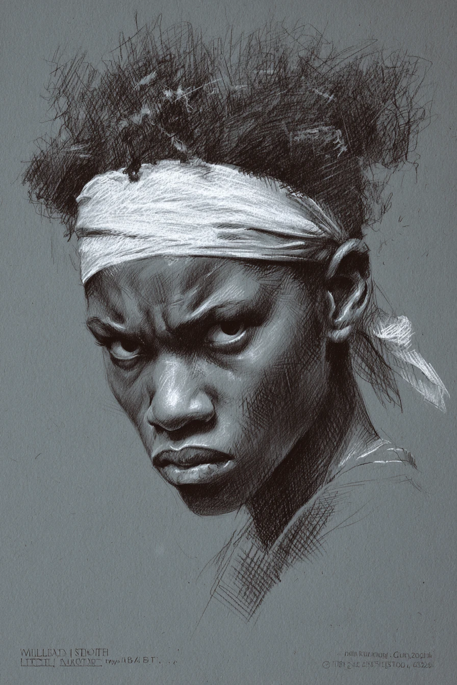 Graphite portrait of a young woman with intense downward gaze