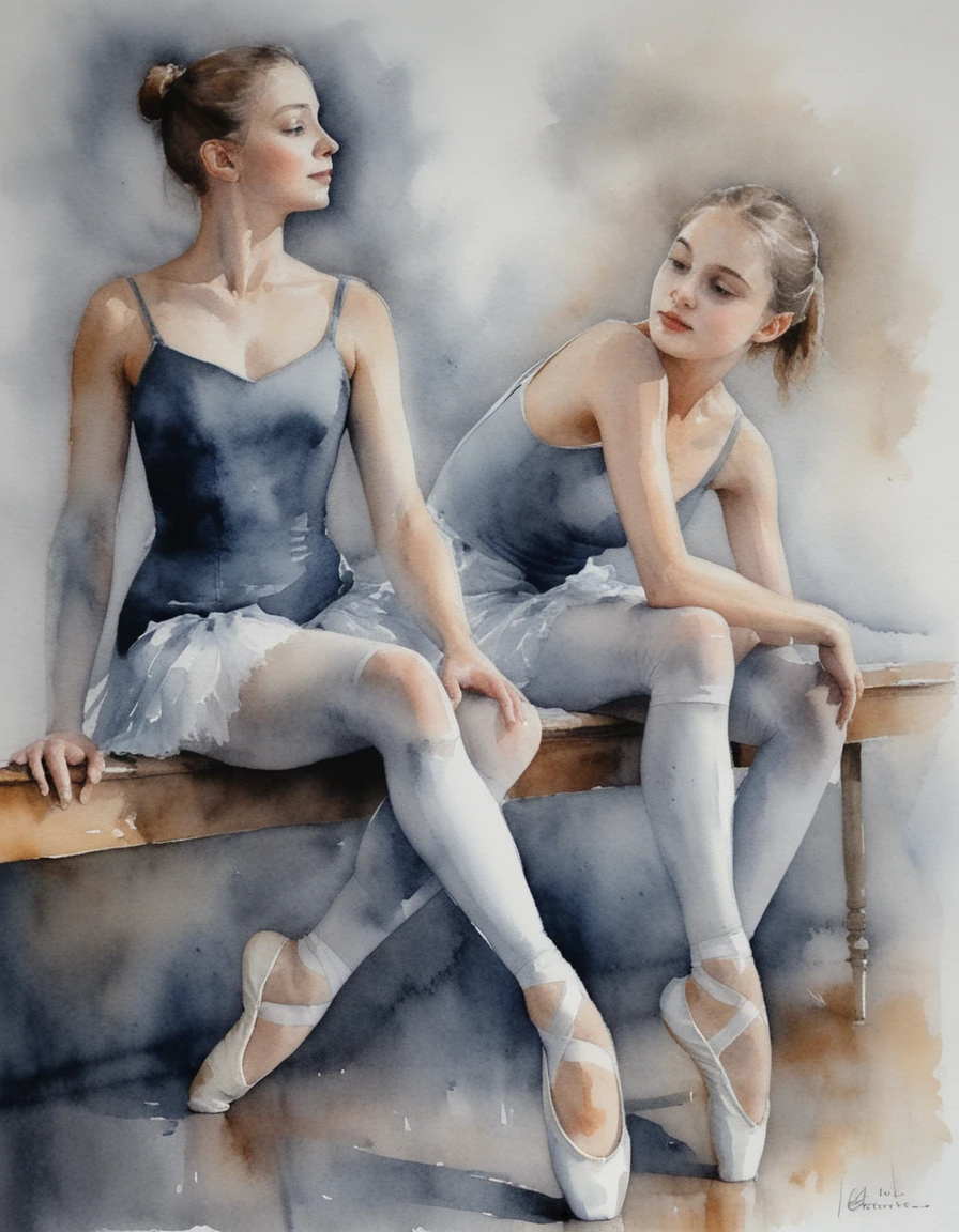 Zwei junge Ballerinas ruhen auf einer Holzbank im Studio