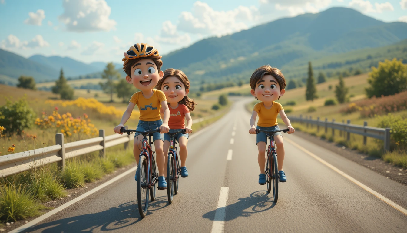 Ciclistas de arcilla coloridos pedaleando por una autopista de verano