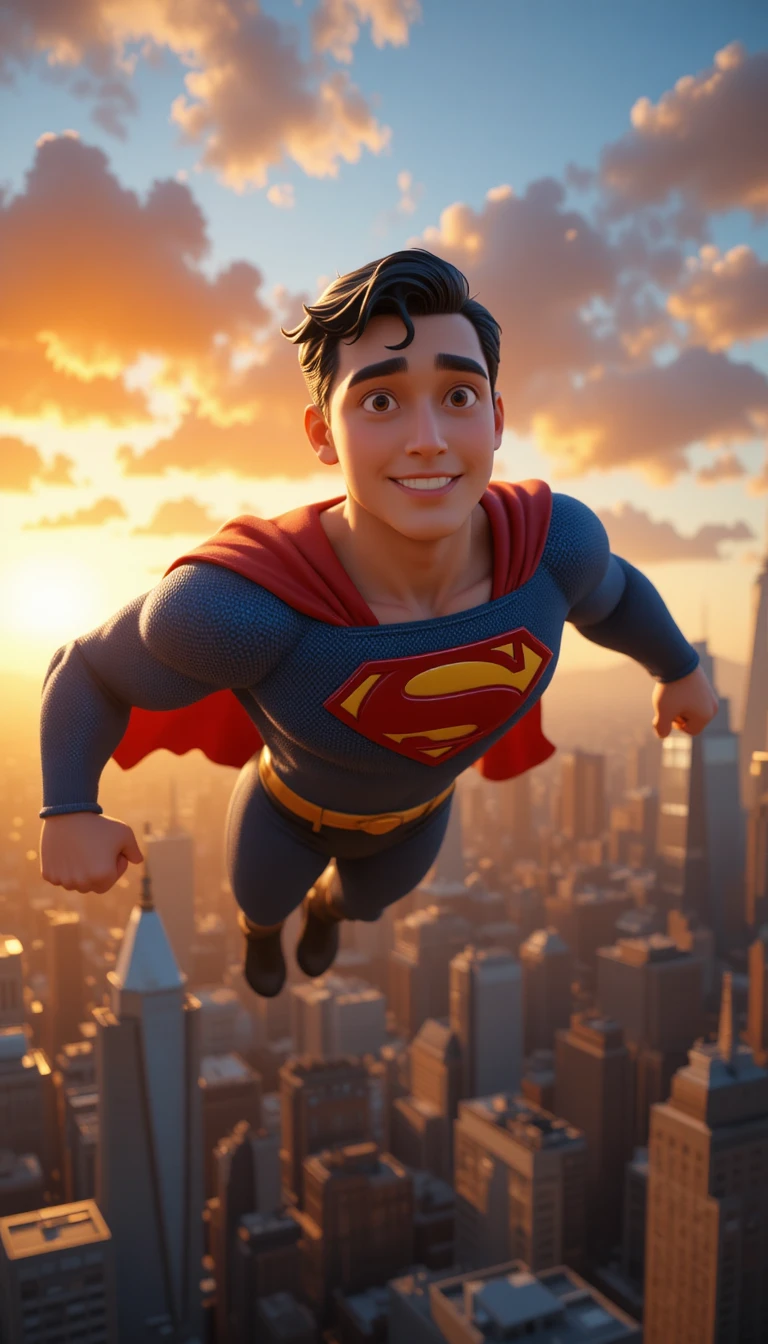 Super-herói voando calmamente sobre o horizonte da cidade ao pôr do sol