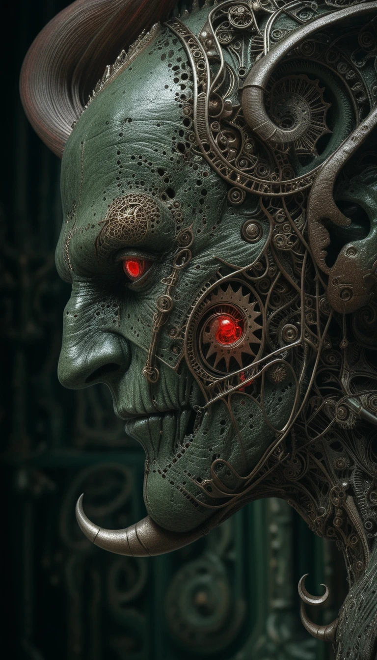 Retrato surreal de humanoide biomecânico com rosto ricamente entalhado