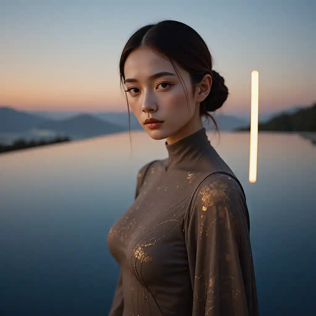 Donna coreana in abito scultoreo accanto a una piscina a sfioro riflettente